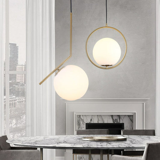 Globe Hanging Lamp Kit Postmodern Style White Glass 1-Head Gold Pendant Light for Restaurant Clearhalo 'Ceiling Lights' 'Modern Pendants' 'Modern' 'Pendant Lights' 'Pendants' Lighting' 2254858