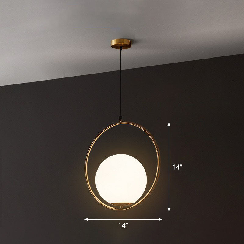 Globe Hanging Lamp Kit Postmodern Style White Glass 1-Head Gold Pendant Light for Restaurant Gold 14" Clearhalo 'Ceiling Lights' 'Modern Pendants' 'Modern' 'Pendant Lights' 'Pendants' Lighting' 2254861