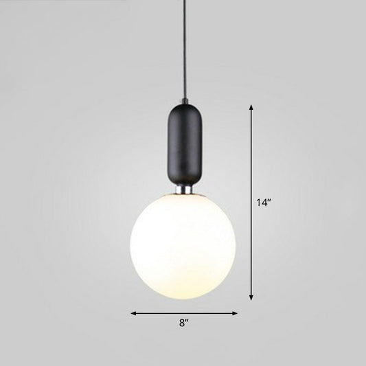 Nordic 1-Light Down Lighting Global Hanging Light Fixture with Opaline Glass Shade Black 8" Clearhalo 'Ceiling Lights' 'Modern Pendants' 'Modern' 'Pendant Lights' 'Pendants' Lighting' 2254867