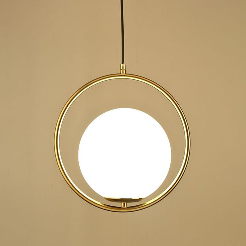 Globe Bedside Pendulum Light Cream Glass 1-Head Postmodern Ceiling Pendant with Ring in Gold Clearhalo 'Ceiling Lights' 'Modern Pendants' 'Modern' 'Pendant Lights' 'Pendants' Lighting' 2254875