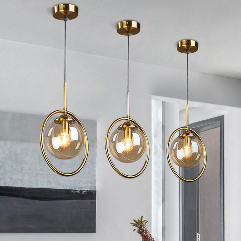 Postmodernist Ball Shade Down Lighting Pendant Glass 1-Light Kitchen Hanging Light with Decorative Ring Clearhalo 'Ceiling Lights' 'Modern Pendants' 'Modern' 'Pendant Lights' 'Pendants' Lighting' 2254886