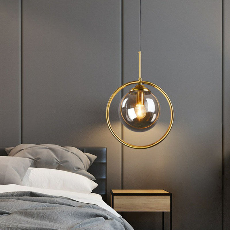 Postmodernist Ball Shade Down Lighting Pendant Glass 1-Light Kitchen Hanging Light with Decorative Ring Clearhalo 'Ceiling Lights' 'Modern Pendants' 'Modern' 'Pendant Lights' 'Pendants' Lighting' 2254888