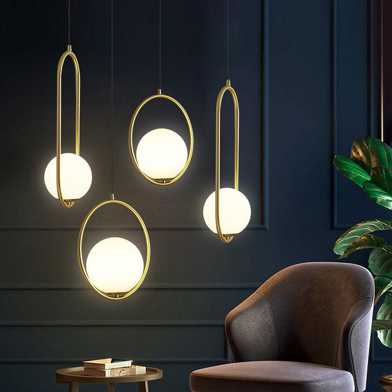 Ball Ceiling Suspension Lamp Simple Style White Glass Single Pendant Light with Metal Ring Clearhalo 'Ceiling Lights' 'Modern Pendants' 'Modern' 'Pendant Lights' 'Pendants' Lighting' 2254894