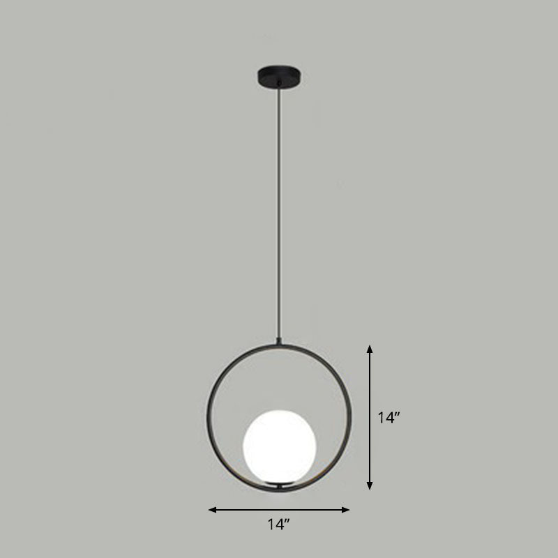 Ball Ceiling Suspension Lamp Simple Style White Glass Single Pendant Light with Metal Ring Black 14" Clearhalo 'Ceiling Lights' 'Modern Pendants' 'Modern' 'Pendant Lights' 'Pendants' Lighting' 2254900