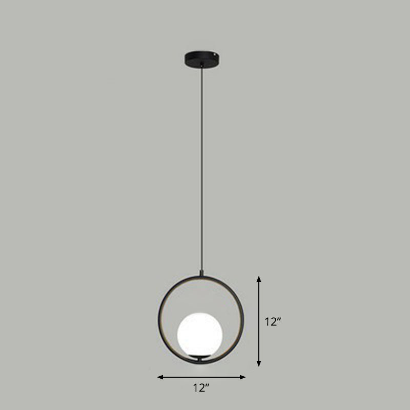 Ball Ceiling Suspension Lamp Simple Style White Glass Single Pendant Light with Metal Ring Black 12" Clearhalo 'Ceiling Lights' 'Modern Pendants' 'Modern' 'Pendant Lights' 'Pendants' Lighting' 2254901