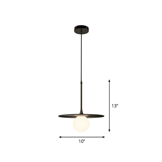Flat Metallic Ceiling Light Simplicity Single-Bulb Hanging Pendant Lamp with Ball White Glass Shade Black Clearhalo 'Ceiling Lights' 'Modern Pendants' 'Modern' 'Pendant Lights' 'Pendants' Lighting' 2254940