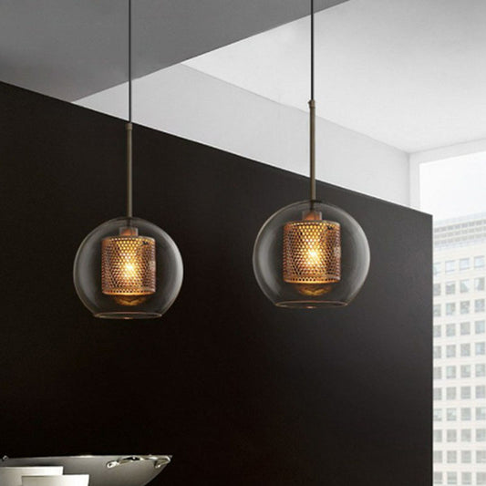 Clear Glass Sphere Suspension Lamp Modern 1 Bulb Hanging Pendant Light with Mesh Screen Clear Clearhalo 'Ceiling Lights' 'Modern Pendants' 'Modern' 'Pendant Lights' 'Pendants' Lighting' 2254965