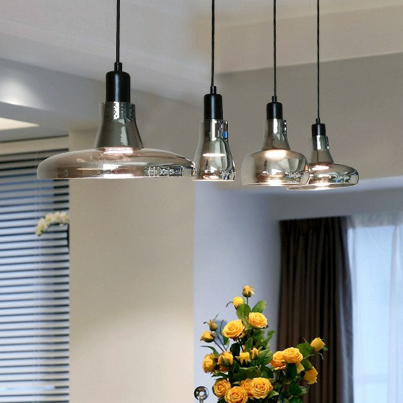 Smoke Grey Glass Pot Lid Pendant Light Contemporary 1-Light Black Ceiling Lighting for Dining Room Clearhalo 'Ceiling Lights' 'Modern Pendants' 'Modern' 'Pendant Lights' 'Pendants' Lighting' 2255008