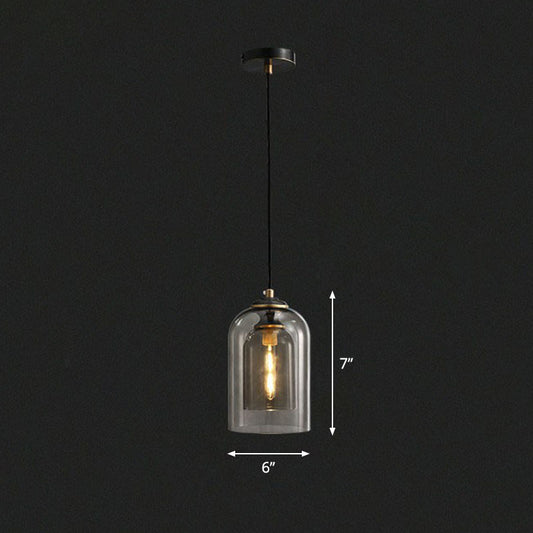 1 Bulb Bedroom Hanging Lamp Postmodern Ceiling Light with Double Cloche Glass Shade Smoke Gray Clearhalo 'Ceiling Lights' 'Modern Pendants' 'Modern' 'Pendant Lights' 'Pendants' Lighting' 2255091