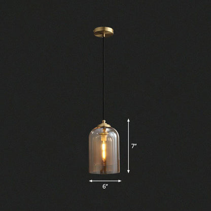 1 Bulb Bedroom Hanging Lamp Postmodern Ceiling Light with Double Cloche Glass Shade Cognac Clearhalo 'Ceiling Lights' 'Modern Pendants' 'Modern' 'Pendant Lights' 'Pendants' Lighting' 2255092