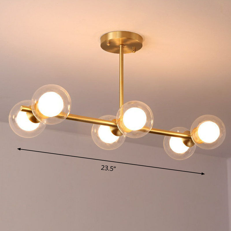 Brass Finish Linear Island Light Postmodernism 6-Light Metal Hanging Pendant with Ball Glass Shade Clear Clearhalo 'Ceiling Lights' 'Island Lights' Lighting' 2255149
