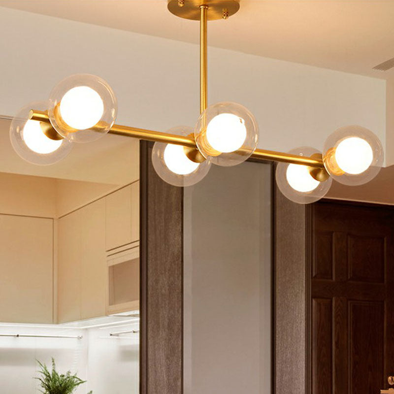 Brass Finish Linear Island Light Postmodernism 6-Light Metal Hanging Pendant with Ball Glass Shade Clearhalo 'Ceiling Lights' 'Island Lights' Lighting' 2255151