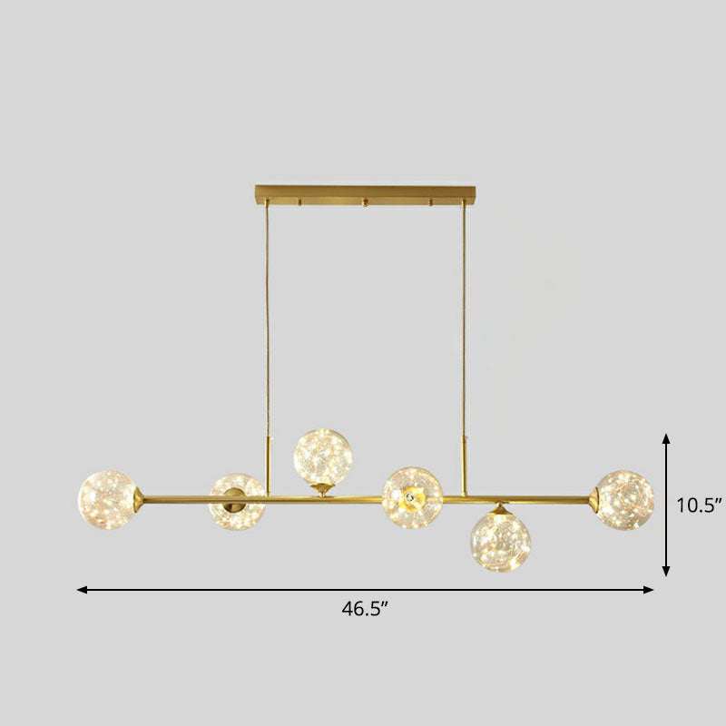 Linear Dining Room Island Lamp Metallic 6 Lights Postmodern Ceiling Pendant with Ball Glass Shade Cognac Clearhalo 'Ceiling Lights' 'Island Lights' Lighting' 2255177