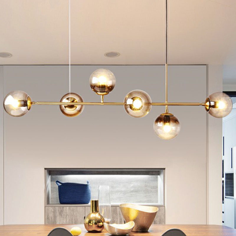 Linear Dining Room Island Lamp Metallic 6 Lights Postmodern Ceiling Pendant with Ball Glass Shade Clearhalo 'Ceiling Lights' 'Island Lights' Lighting' 2255178