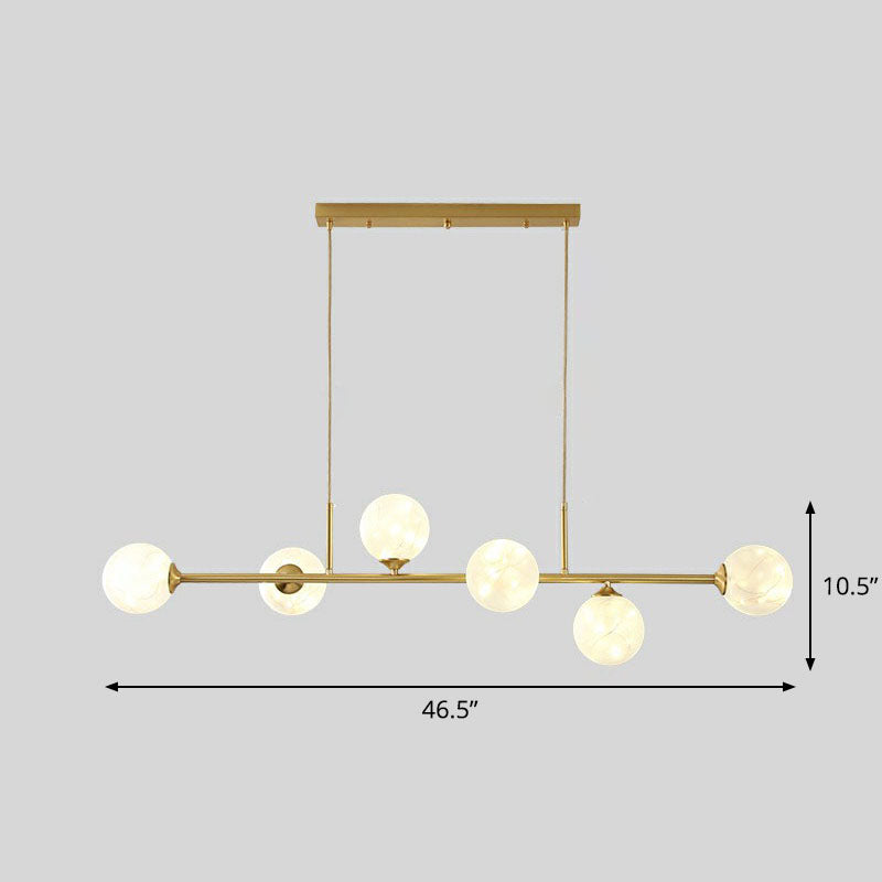 Linear Dining Room Island Lamp Metallic 6 Lights Postmodern Ceiling Pendant with Ball Glass Shade White Clearhalo 'Ceiling Lights' 'Island Lights' Lighting' 2255179