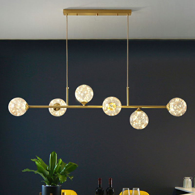 Linear Dining Room Island Lamp Metallic 6 Lights Postmodern Ceiling Pendant with Ball Glass Shade Clearhalo 'Ceiling Lights' 'Island Lights' Lighting' 2255180