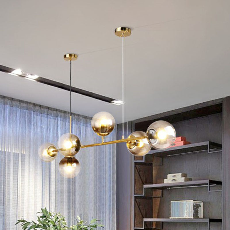 Linear Dining Room Island Lamp Metallic 6 Lights Postmodern Ceiling Pendant with Ball Glass Shade Clearhalo 'Ceiling Lights' 'Island Lights' Lighting' 2255182