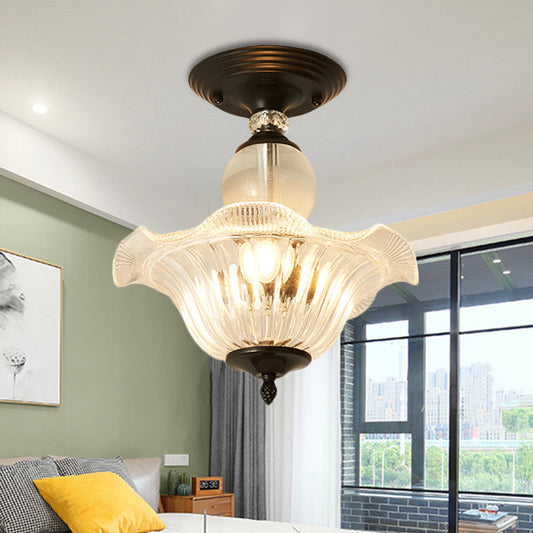 12"/16" Dia Flared Semi Flush Mount Light Modern Ribbed Glass 1 Light Ceiling Lamp in Black/Gold with Crystal Stands Black 12" D Clearhalo 'Ceiling Lights' 'Close To Ceiling Lights' 'Close to ceiling' 'Semi-flushmount' Lighting' 225518