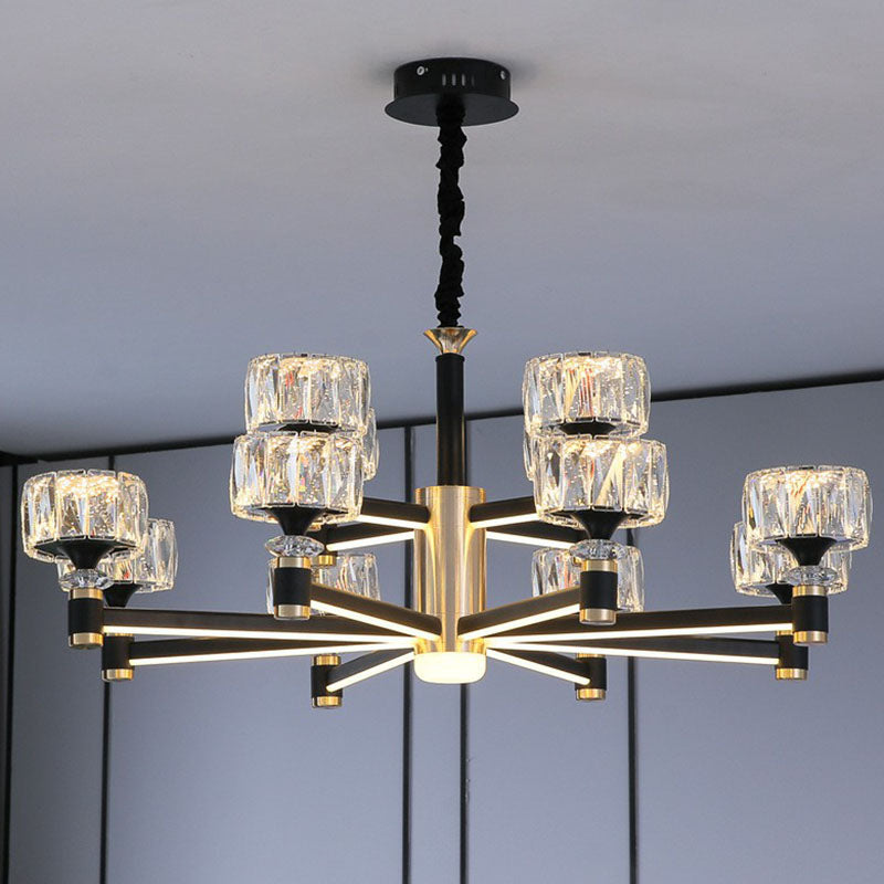 Drum Shaped Hanging Light Fixture Modern Beveled Crystal Living Room Chandelier in Black Clearhalo 'Ceiling Lights' 'Chandeliers' 'Modern Chandeliers' 'Modern' Lighting' 2255206