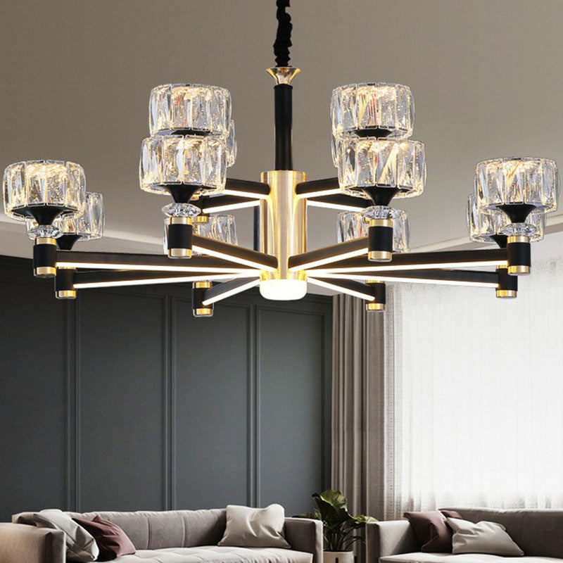 Drum Shaped Hanging Light Fixture Modern Beveled Crystal Living Room Chandelier in Black 12 Black Clearhalo 'Ceiling Lights' 'Chandeliers' 'Modern Chandeliers' 'Modern' Lighting' 2255207