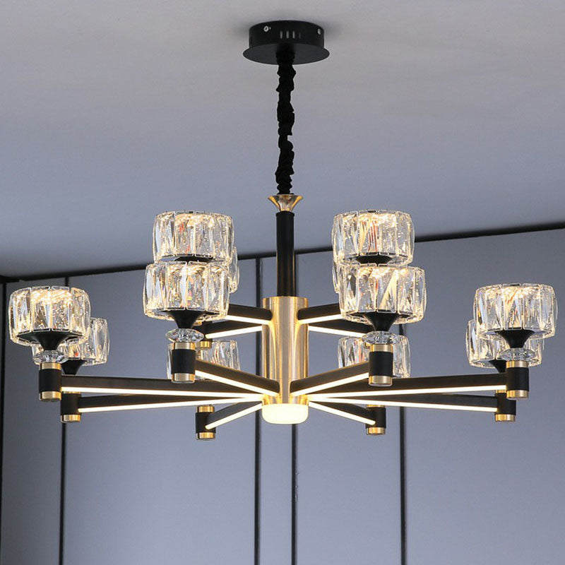 Drum Shaped Hanging Light Fixture Modern Beveled Crystal Living Room Chandelier in Black Clearhalo 'Ceiling Lights' 'Chandeliers' 'Modern Chandeliers' 'Modern' Lighting' 2255209