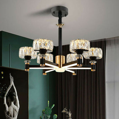 Drum Shaped Hanging Light Fixture Modern Beveled Crystal Living Room Chandelier in Black 6 Black Clearhalo 'Ceiling Lights' 'Chandeliers' 'Modern Chandeliers' 'Modern' Lighting' 2255211