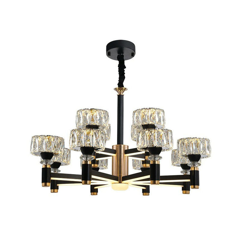 Drum Shaped Hanging Light Fixture Modern Beveled Crystal Living Room Chandelier in Black Clearhalo 'Ceiling Lights' 'Chandeliers' 'Modern Chandeliers' 'Modern' Lighting' 2255213