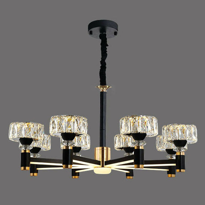 Drum Shaped Hanging Light Fixture Modern Beveled Crystal Living Room Chandelier in Black Clearhalo 'Ceiling Lights' 'Chandeliers' 'Modern Chandeliers' 'Modern' Lighting' 2255215