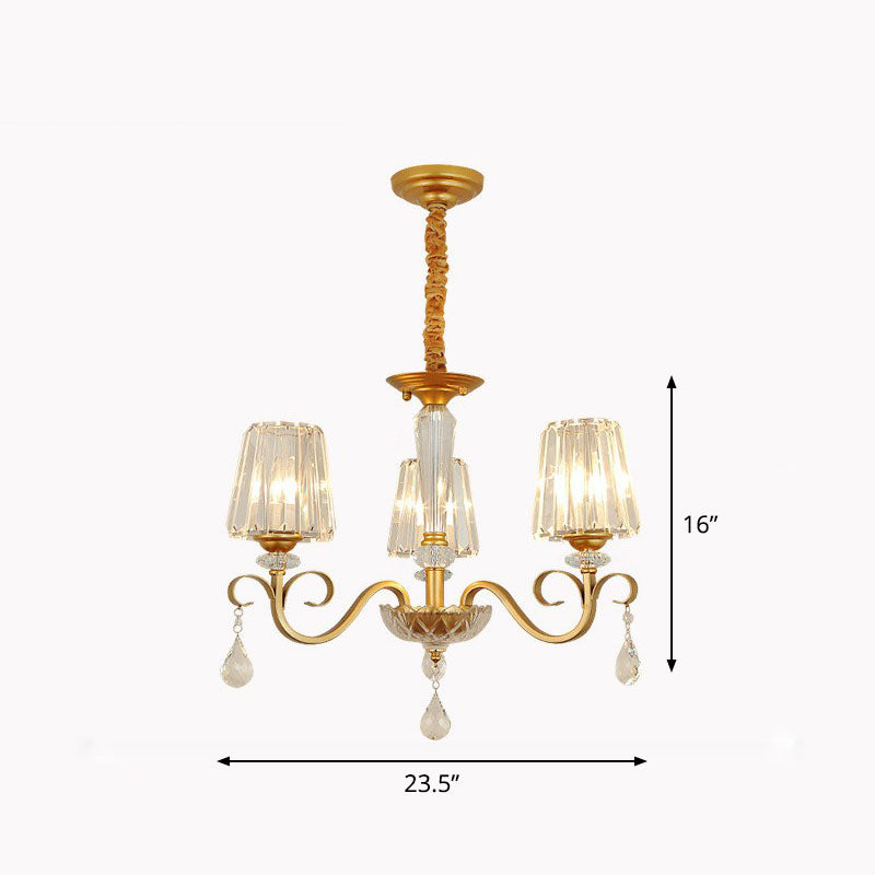 Prismatic Crystal Cone Hanging Lamp Contemporary Ceiling Chandelier Light with Droplet Decorations 3 Gold Clearhalo 'Ceiling Lights' 'Chandeliers' 'Modern Chandeliers' 'Modern' Lighting' 2255247
