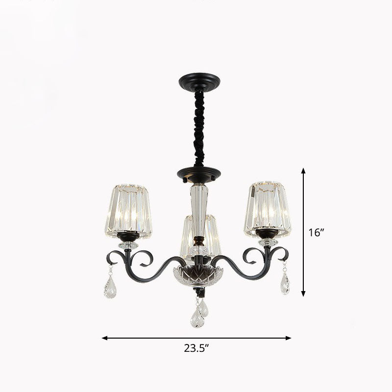 Prismatic Crystal Cone Hanging Lamp Contemporary Ceiling Chandelier Light with Droplet Decorations 3 Black Clearhalo 'Ceiling Lights' 'Chandeliers' 'Modern Chandeliers' 'Modern' Lighting' 2255249