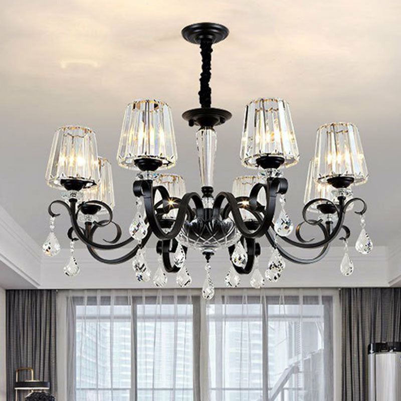 Prismatic Crystal Cone Hanging Lamp Contemporary Ceiling Chandelier Light with Droplet Decorations 8 Black Clearhalo 'Ceiling Lights' 'Chandeliers' 'Modern Chandeliers' 'Modern' Lighting' 2255256
