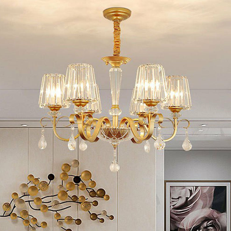 Prismatic Crystal Cone Hanging Lamp Contemporary Ceiling Chandelier Light with Droplet Decorations 6 Gold Clearhalo 'Ceiling Lights' 'Chandeliers' 'Modern Chandeliers' 'Modern' Lighting' 2255260