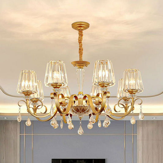 Prismatic Crystal Cone Hanging Lamp Contemporary Ceiling Chandelier Light with Droplet Decorations 8 Gold Clearhalo 'Ceiling Lights' 'Chandeliers' 'Modern Chandeliers' 'Modern' Lighting' 2255269
