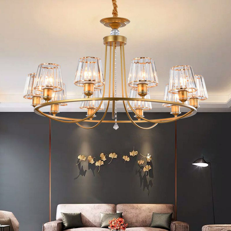 Postmodern Circle Chandelier Lighting Metal Living Room Ceiling Light with Tapered Crystal Shade 10 Gold Clearhalo 'Ceiling Lights' 'Chandeliers' 'Modern Chandeliers' 'Modern' Lighting' 2255273