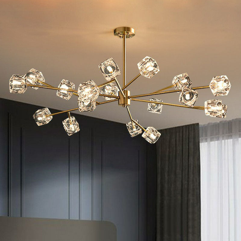 Post-Modern Branch Chandelier Lamp Clear Crystal Cube Living Room Suspension Light in Gold Clearhalo 'Ceiling Lights' 'Chandeliers' 'Modern Chandeliers' 'Modern' Lighting' 2255314