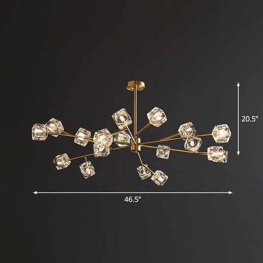 Post-Modern Branch Chandelier Lamp Clear Crystal Cube Living Room Suspension Light in Gold 18 Gold Clearhalo 'Ceiling Lights' 'Chandeliers' 'Modern Chandeliers' 'Modern' Lighting' 2255316