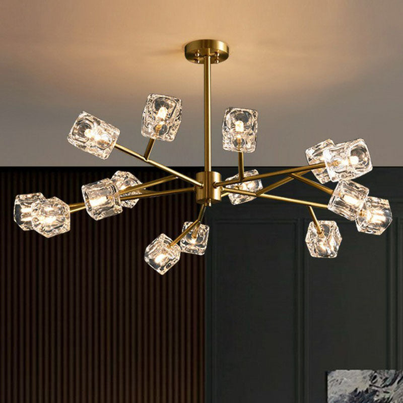 Post-Modern Branch Chandelier Lamp Clear Crystal Cube Living Room Suspension Light in Gold Clearhalo 'Ceiling Lights' 'Chandeliers' 'Modern Chandeliers' 'Modern' Lighting' 2255317