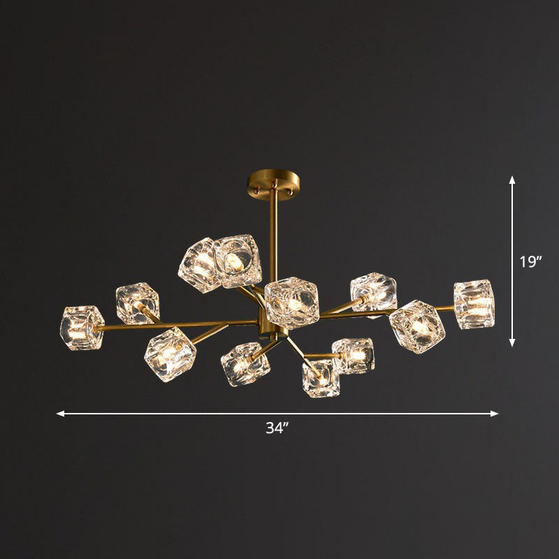 Post-Modern Branch Chandelier Lamp Clear Crystal Cube Living Room Suspension Light in Gold 12 Gold Clearhalo 'Ceiling Lights' 'Chandeliers' 'Modern Chandeliers' 'Modern' Lighting' 2255318