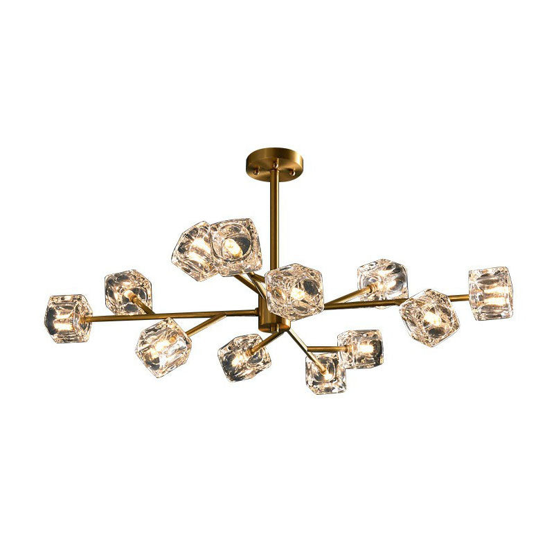 Post-Modern Branch Chandelier Lamp Clear Crystal Cube Living Room Suspension Light in Gold Clearhalo 'Ceiling Lights' 'Chandeliers' 'Modern Chandeliers' 'Modern' Lighting' 2255320
