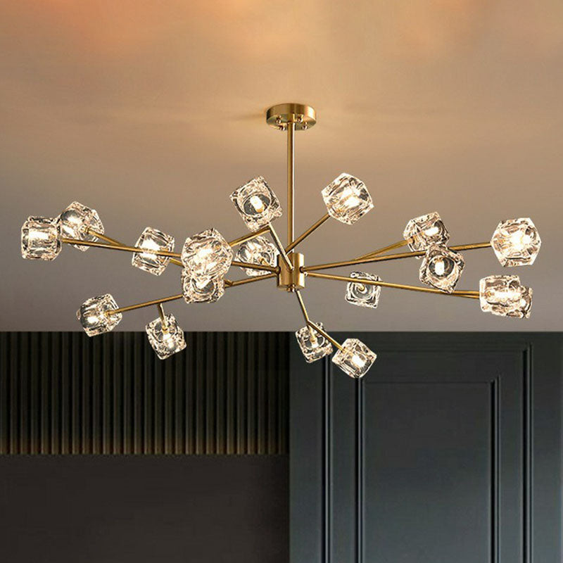 Post-Modern Branch Chandelier Lamp Clear Crystal Cube Living Room Suspension Light in Gold Clearhalo 'Ceiling Lights' 'Chandeliers' 'Modern Chandeliers' 'Modern' Lighting' 2255321