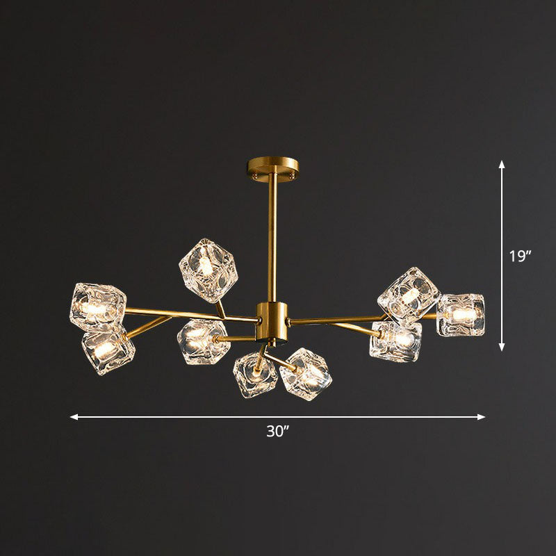 Post-Modern Branch Chandelier Lamp Clear Crystal Cube Living Room Suspension Light in Gold 9 Gold Clearhalo 'Ceiling Lights' 'Chandeliers' 'Modern Chandeliers' 'Modern' Lighting' 2255322