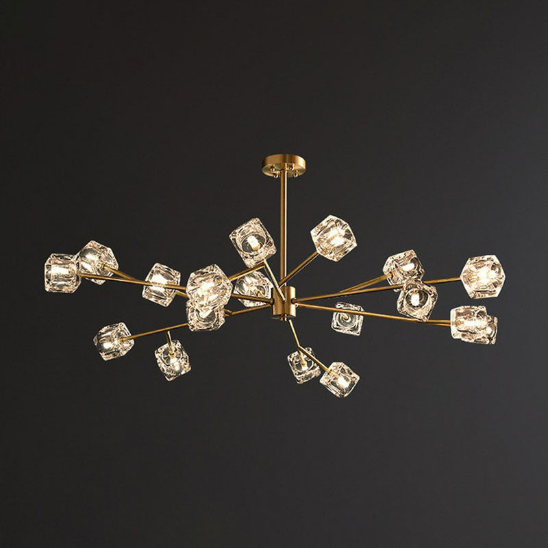 Post-Modern Branch Chandelier Lamp Clear Crystal Cube Living Room Suspension Light in Gold Clearhalo 'Ceiling Lights' 'Chandeliers' 'Modern Chandeliers' 'Modern' Lighting' 2255323