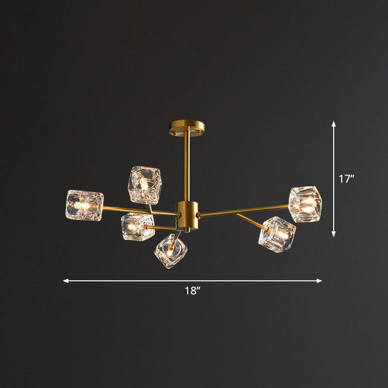 Post-Modern Branch Chandelier Lamp Clear Crystal Cube Living Room Suspension Light in Gold 6 Gold Clearhalo 'Ceiling Lights' 'Chandeliers' 'Modern Chandeliers' 'Modern' Lighting' 2255324