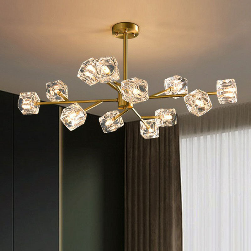 Post-Modern Branch Chandelier Lamp Clear Crystal Cube Living Room Suspension Light in Gold Clearhalo 'Ceiling Lights' 'Chandeliers' 'Modern Chandeliers' 'Modern' Lighting' 2255325