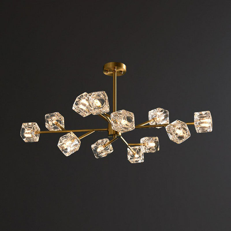 Post-Modern Branch Chandelier Lamp Clear Crystal Cube Living Room Suspension Light in Gold Clearhalo 'Ceiling Lights' 'Chandeliers' 'Modern Chandeliers' 'Modern' Lighting' 2255326