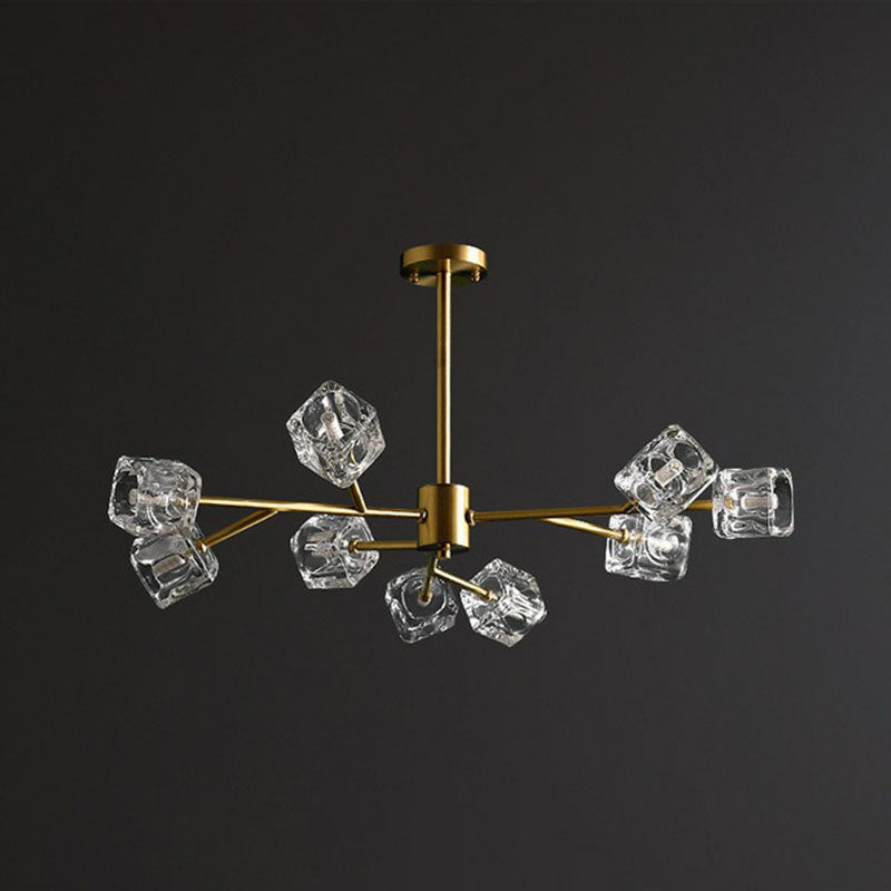 Post-Modern Branch Chandelier Lamp Clear Crystal Cube Living Room Suspension Light in Gold Clearhalo 'Ceiling Lights' 'Chandeliers' 'Modern Chandeliers' 'Modern' Lighting' 2255328