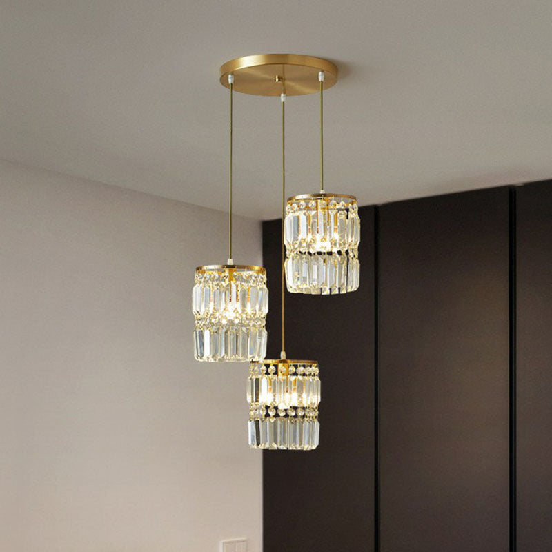 Cylinder Crystal Prisms Multi-Light Pendant Postmodern 3-Head Gold Hanging Lamp Kit Clearhalo 'Ceiling Lights' 'Modern Pendants' 'Modern' 'Pendant Lights' 'Pendants' Lighting' 2255336