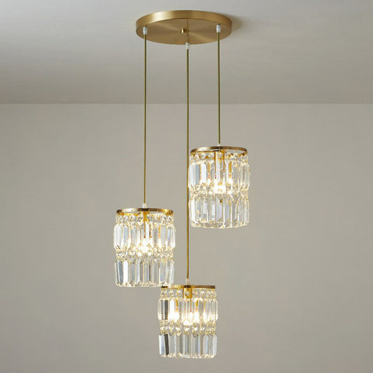Cylinder Crystal Prisms Multi-Light Pendant Postmodern 3-Head Gold Hanging Lamp Kit Gold Round Clearhalo 'Ceiling Lights' 'Modern Pendants' 'Modern' 'Pendant Lights' 'Pendants' Lighting' 2255337