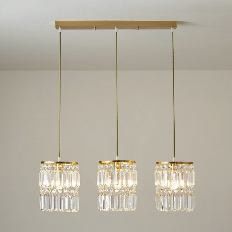 Cylinder Crystal Prisms Multi-Light Pendant Postmodern 3-Head Gold Hanging Lamp Kit Gold Linear Clearhalo 'Ceiling Lights' 'Modern Pendants' 'Modern' 'Pendant Lights' 'Pendants' Lighting' 2255338