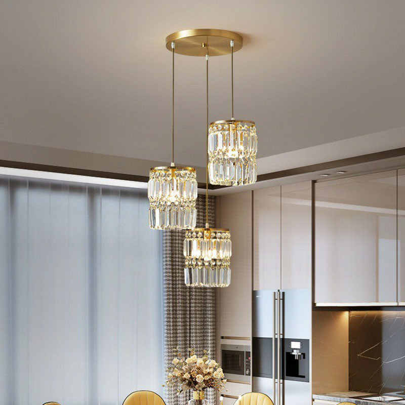 Cylinder Crystal Prisms Multi-Light Pendant Postmodern 3-Head Gold Hanging Lamp Kit Clearhalo 'Ceiling Lights' 'Modern Pendants' 'Modern' 'Pendant Lights' 'Pendants' Lighting' 2255339